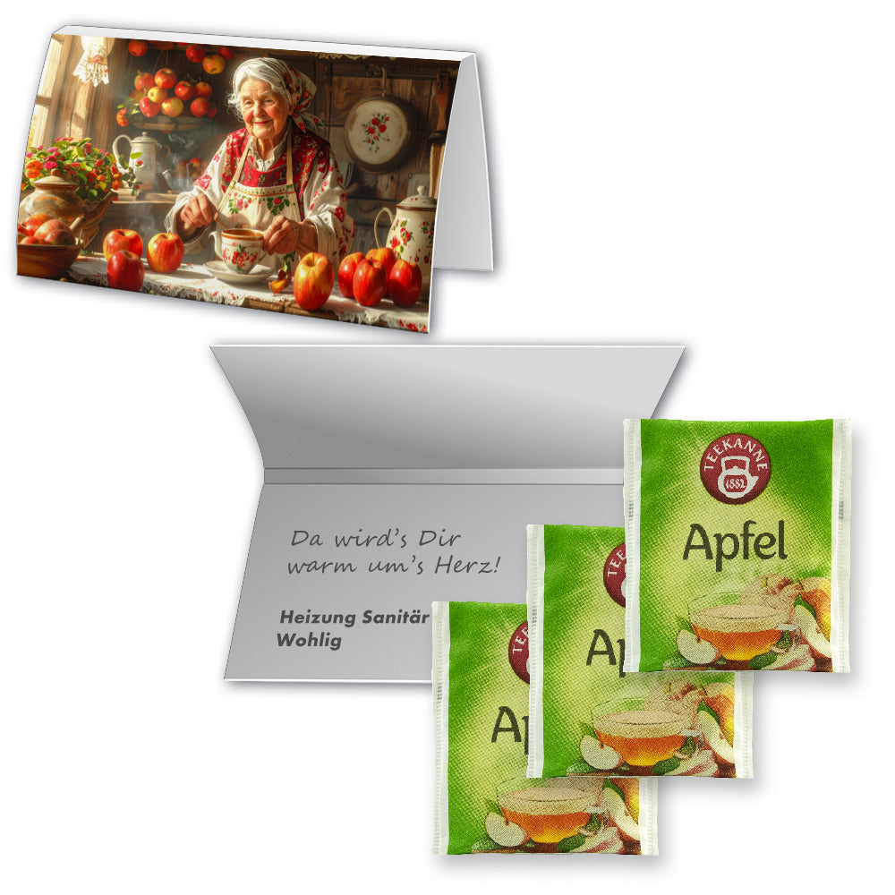 Teeauswahl in der Werbekarte A6 gefaltet – Beuteltee Apfel mit Vitamin C, ca. 1,75 g