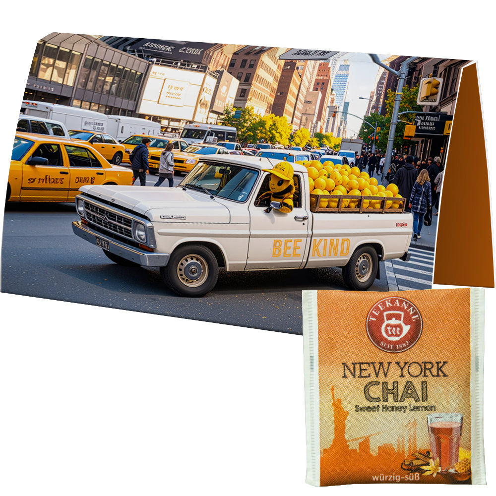 Teeauswahl in der Werbekarte A6 gefaltet – Beuteltee New York Chai, ca. 1,75 g