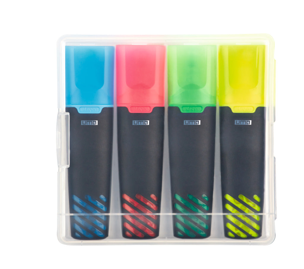 Textmarkerset mit vier Farben in transparenter Box