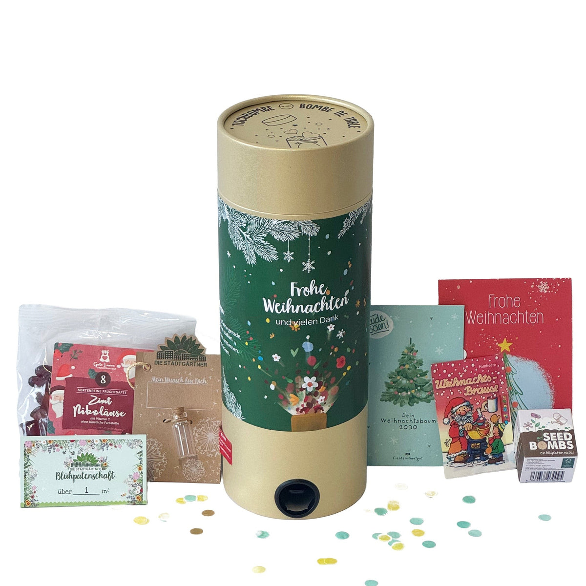 Tischbombe Weihnachten mit Zimt Nikoläusen, Saatgut und Logo