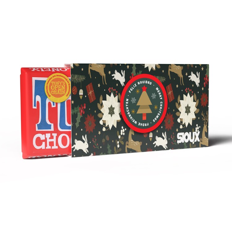 Tony's Chocolonely Tafel Vollmilch im bedruckten Werbeschuber