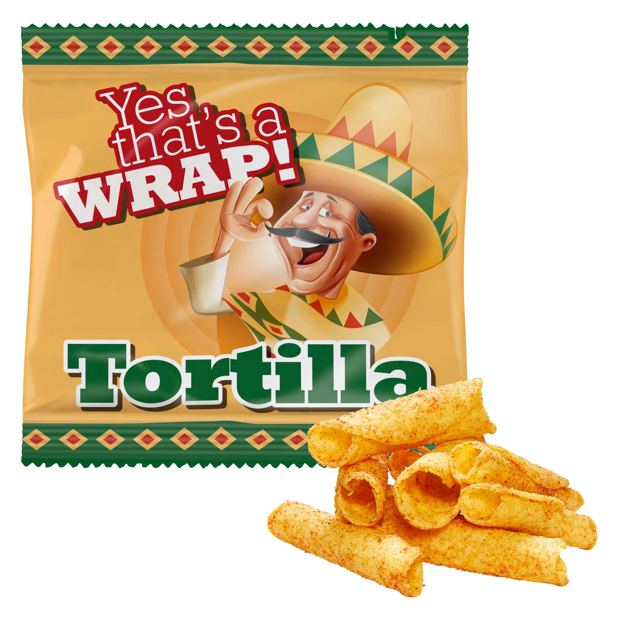 Tortilla Röllchen Maissnack im quadratischen Werbetütchen