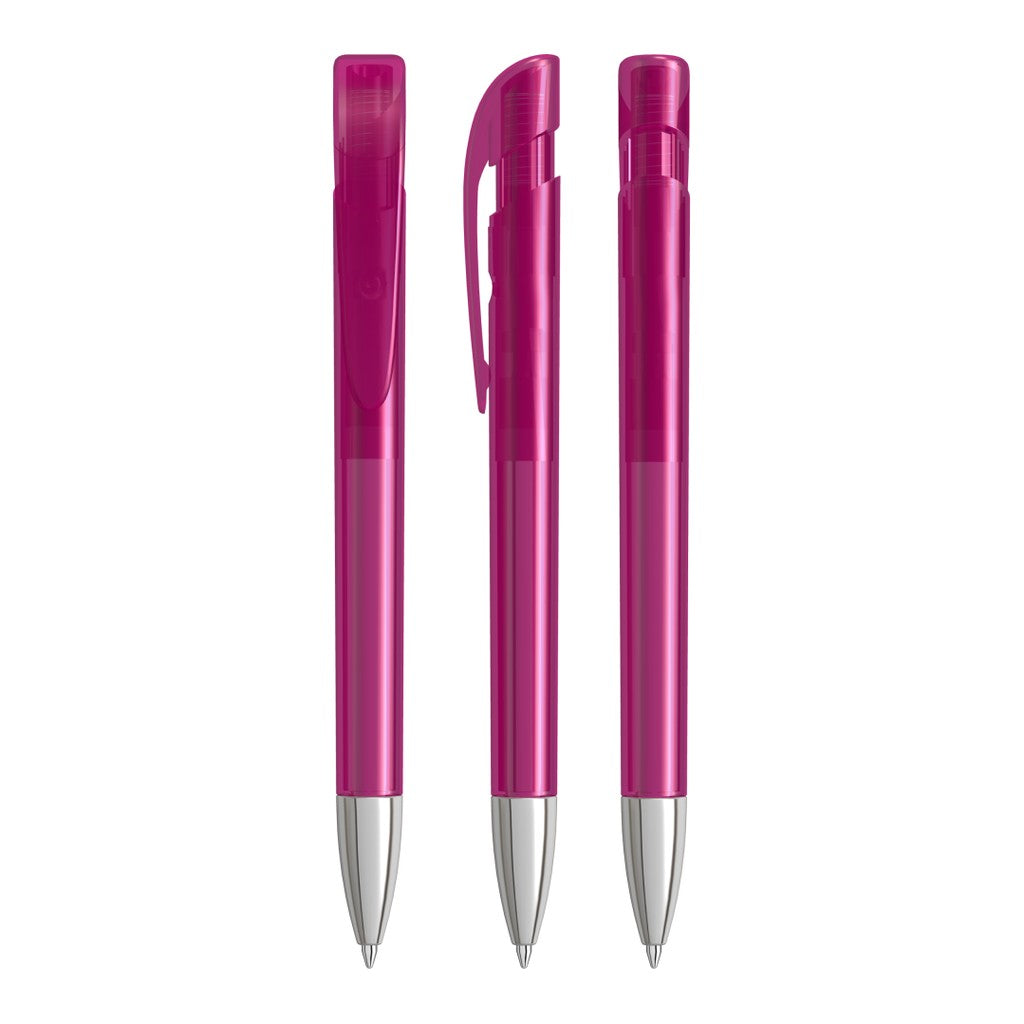 Transparenter Druckkugelschreiber mit Metallspitze – Magenta