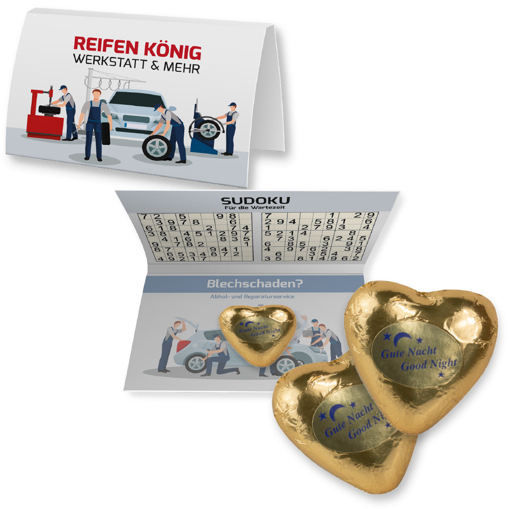 Traubenzucker und Schoko Herz in der Werbekarte A6 – Goldenes Schoko Herz, ca. 9 g