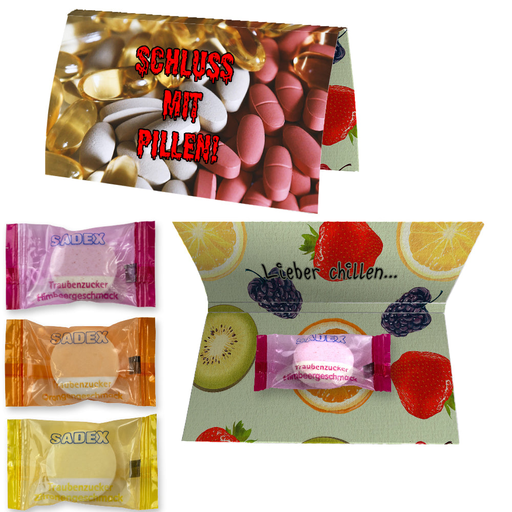 Traubenzucker und Schoko Herz in der Werbekarte A6 – Traubenzucker mit Vitamin C, ca. 2,6 g