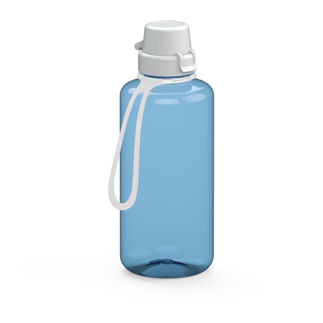 Trinkflasche „School“, 1,0 l, inkl. Strap – Transluzent blau / Weiß