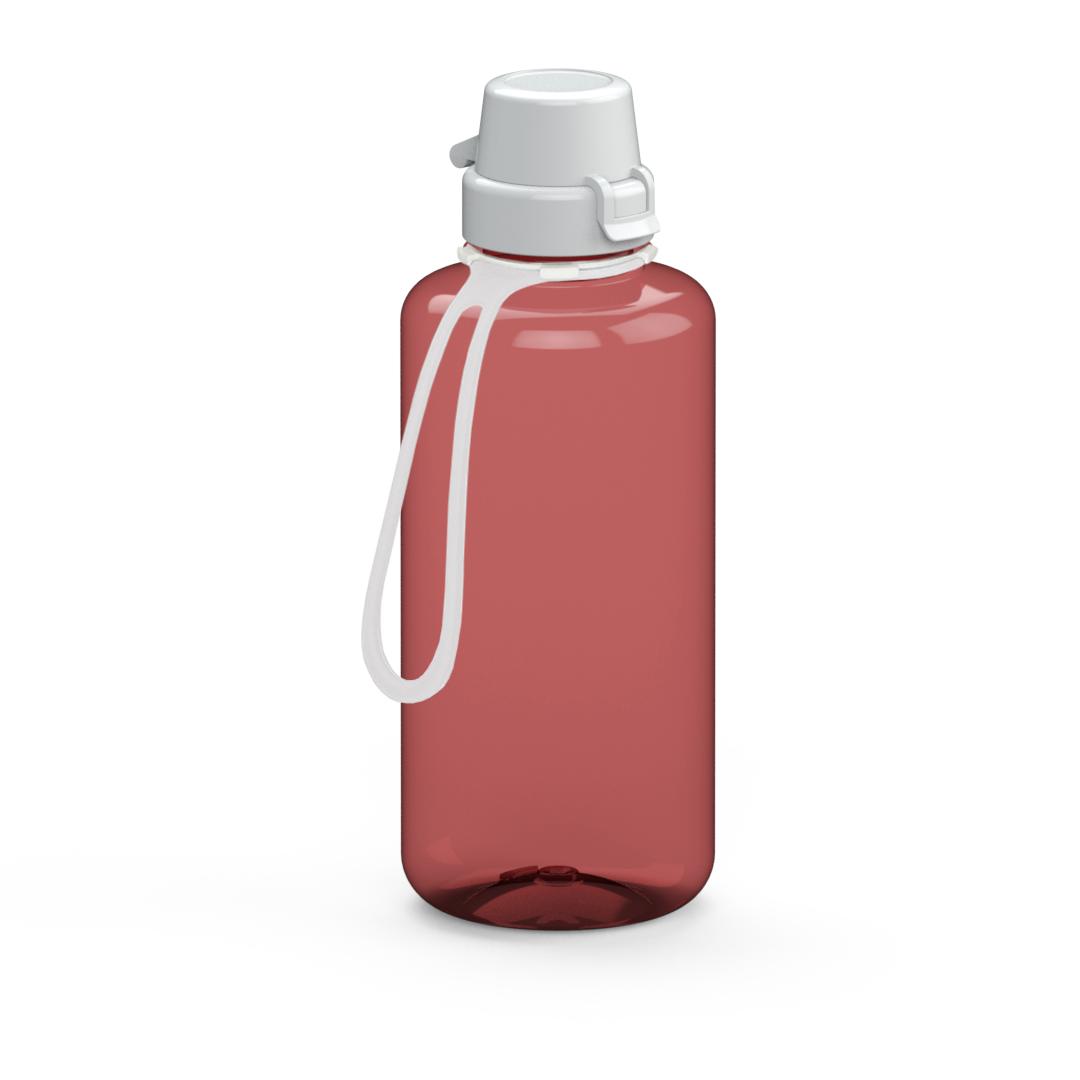 Trinkflasche „School“, 1,0 l, inkl. Strap – Transluzent rot / Weiß