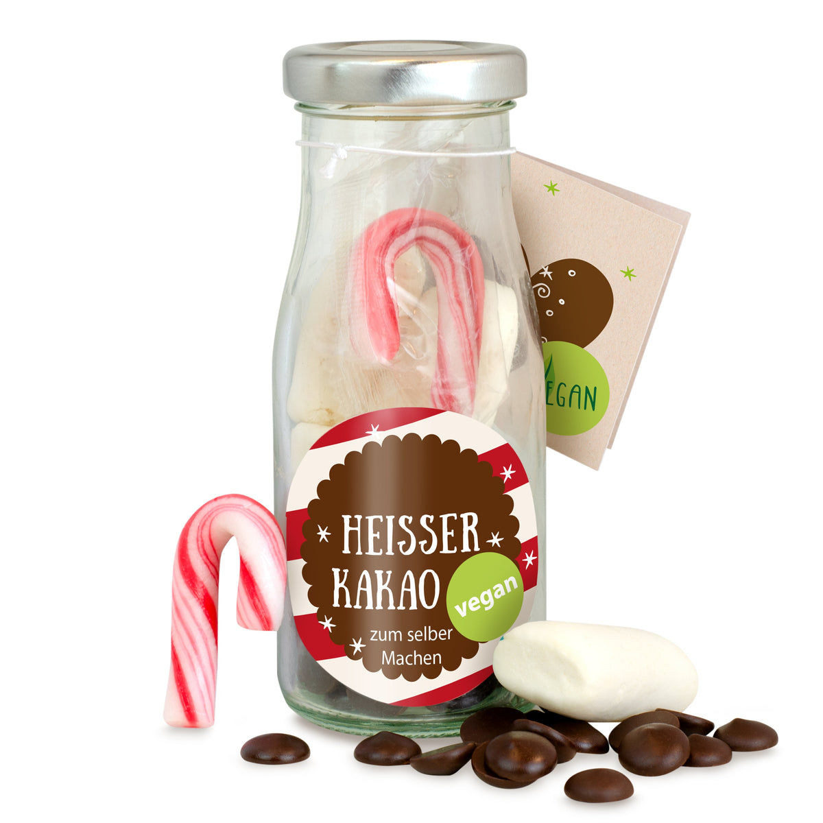 Trinkschoki mit Schoko Drops und Zuckerstange in Flasche mit Logo – Beispielmotiv