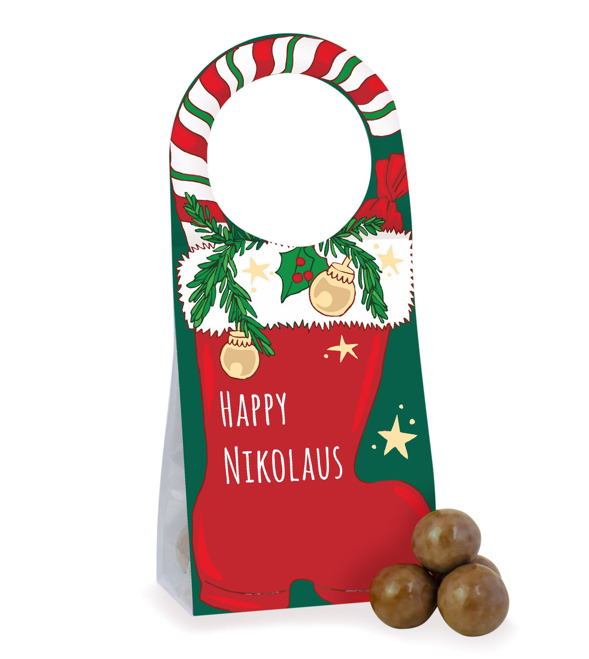 Türanhänger Nikolaus mit Kekskugeln 20 g und Logo – Beispielmotiv