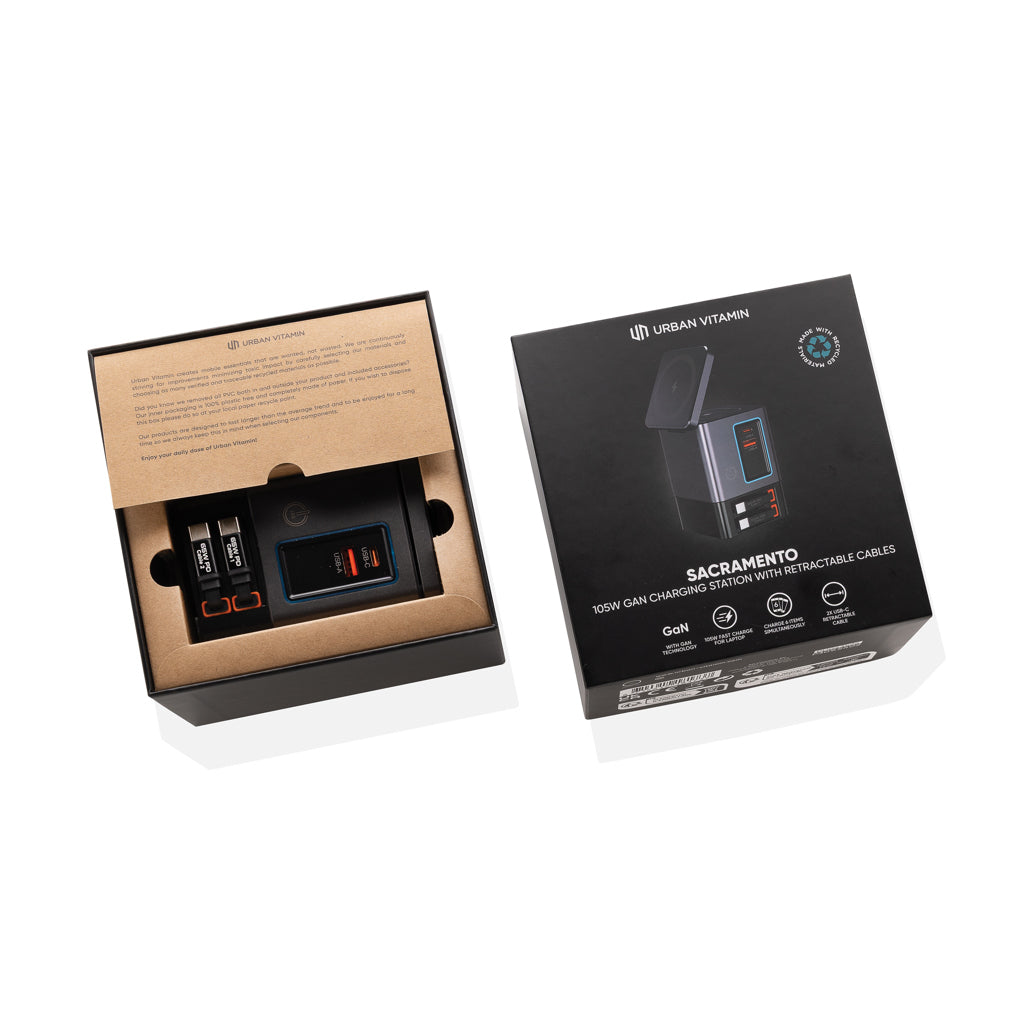 Urban Vitamin Sacramento 105W GaN Charger mit einz. Kabeln