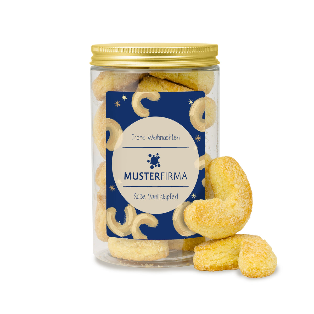 Vanillekipferl in der Dose 135 g zu Weihnachten mit Etikett – Beispielmotiv
