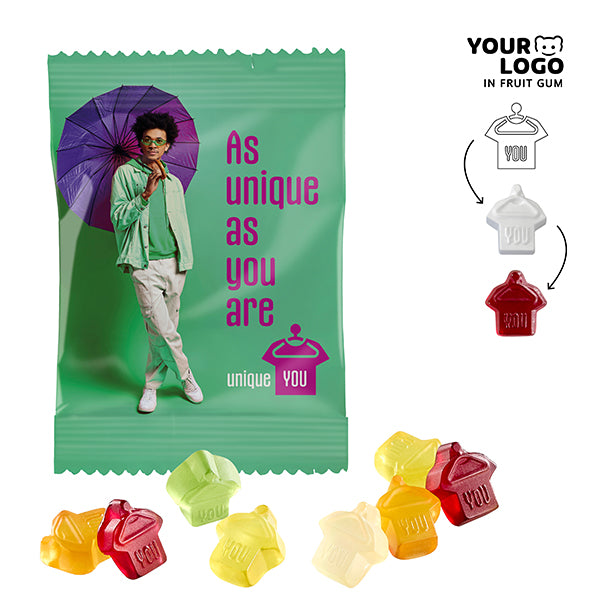 Vegane Fruchtgummi in Wunschform im Werbetütchen 85 x 60 mm, 10 g