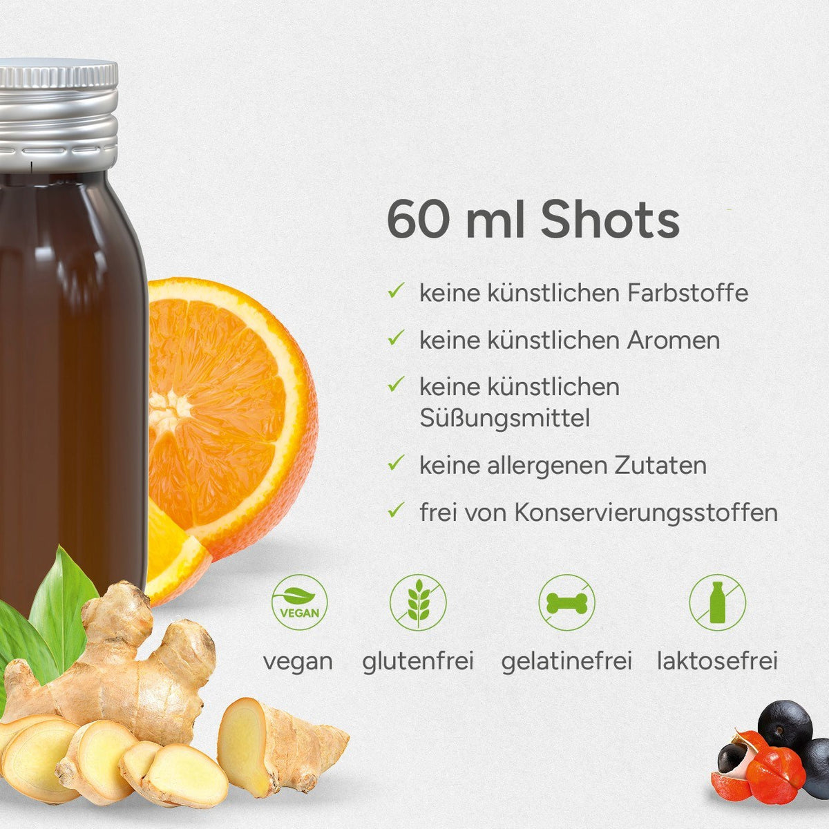 Vitamin Shot Orange 60 ml Flasche aus Glas mit Etikett