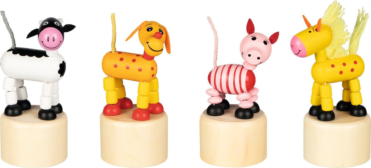 Wackelfiguren Kuh, Hund, Schwein und Pferd aus Holz – Ansicht