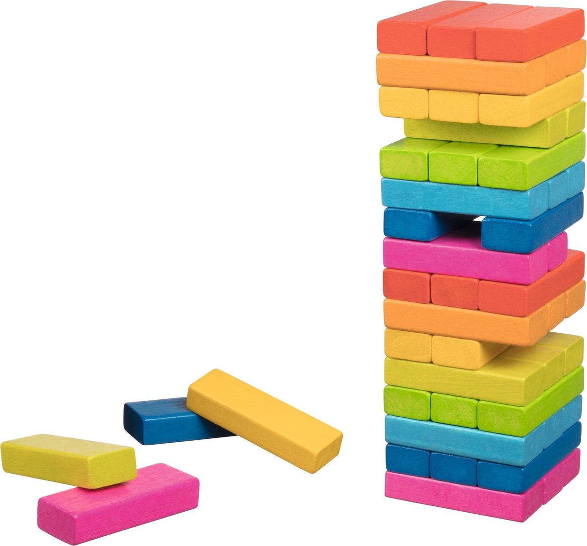 Wackelturm Regenbogen aus Holz mit 48 bunten Steinen – Nahaufnahme