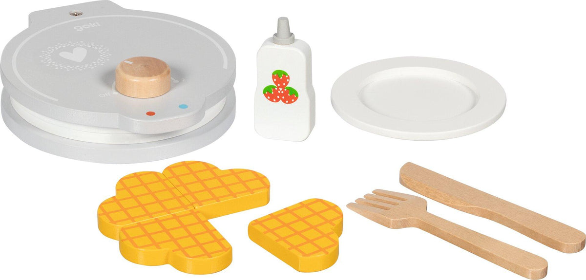 Waffeleisen aus Holz mit Waffeln, Teller und Besteck, 9 Teile