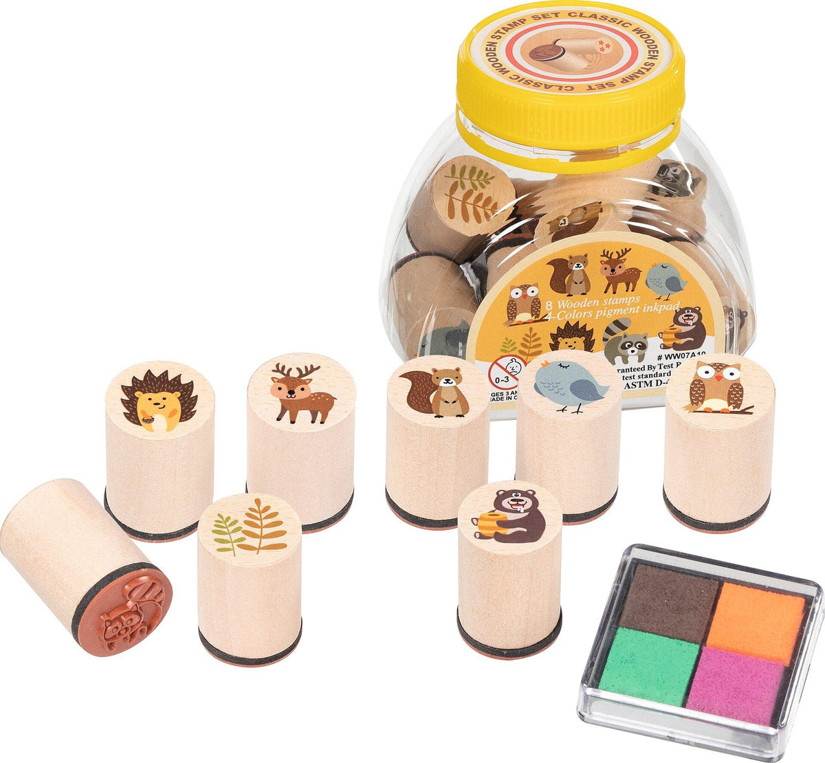 Waldtiere Stempelset aus Holz mit Igel, Reh und Eule – Ansicht