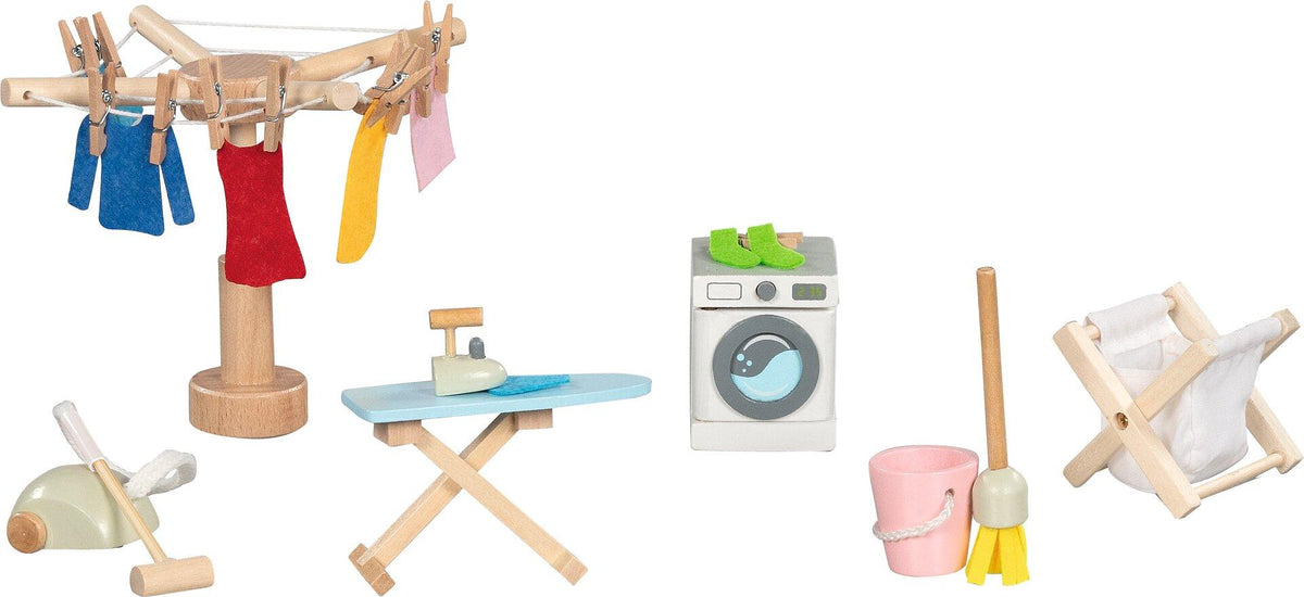 Waschküche Zubehörset mit Wäscheständer und Waschmaschine – Seitenansicht