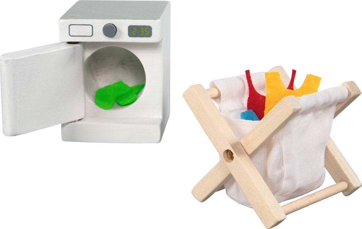 Waschküche Zubehörset mit Wäscheständer und Waschmaschine – Draufsicht