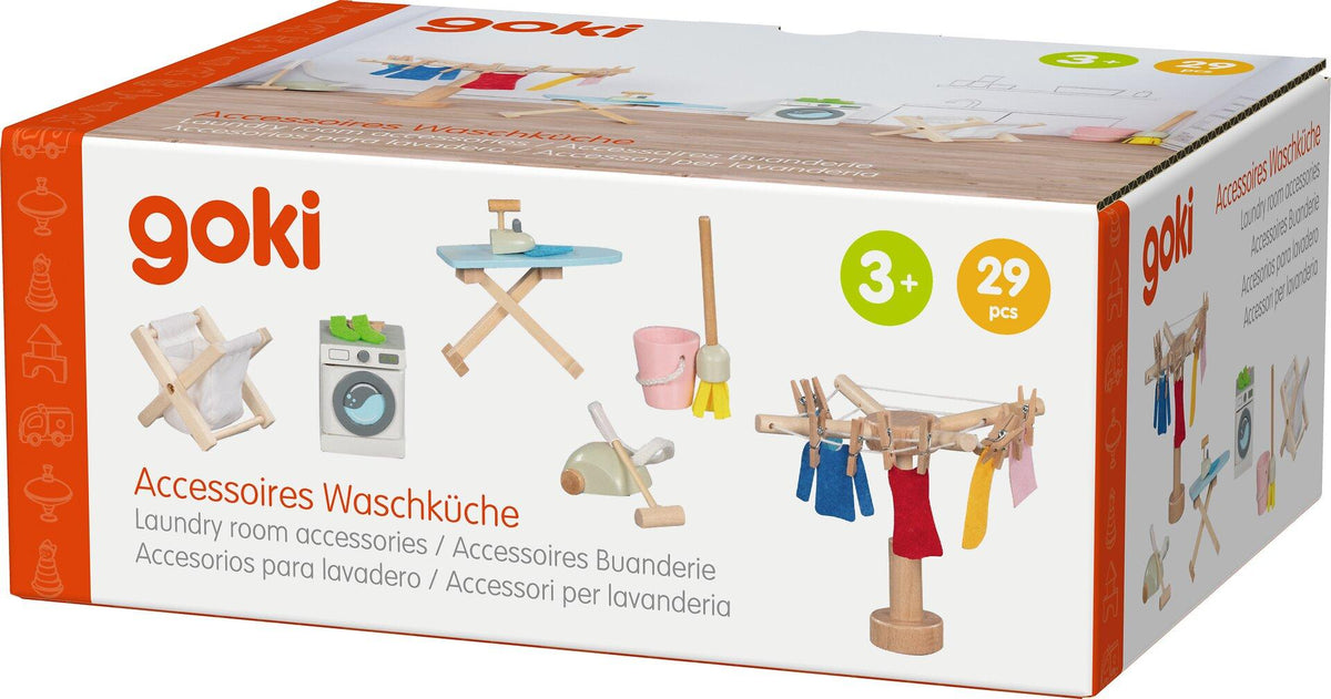 Waschküche Zubehörset mit Wäscheständer und Waschmaschine – Rückansicht