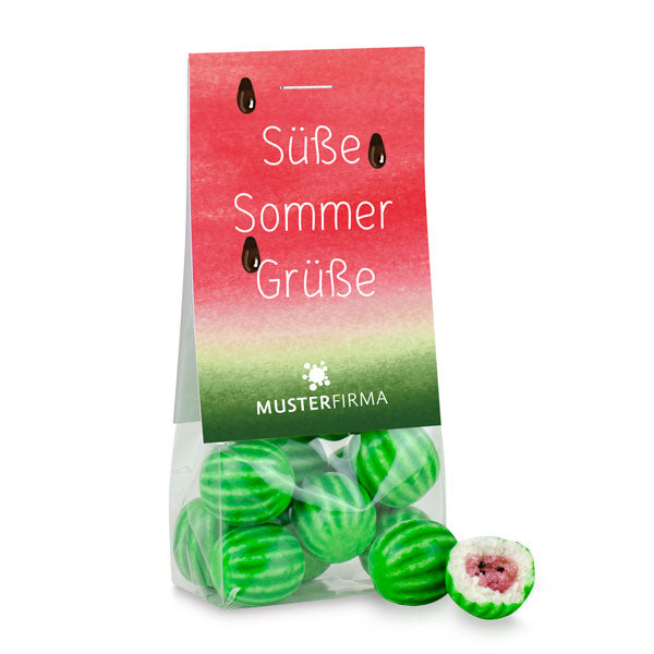 Wassermelonen Kaugummis im Beutel 40 g mit Logo – Beispielmotiv