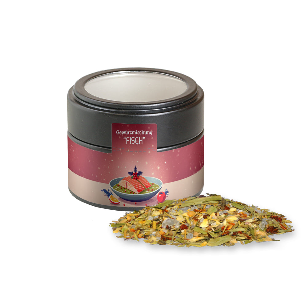 Weihnachtsgewürze in der schwarzen Metalldose Mini – Weihnachts Gewürzmischung Fisch, ca. 55 g