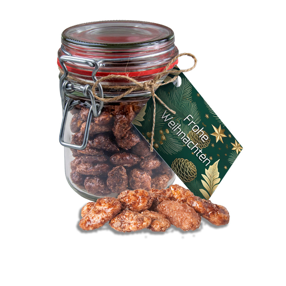 Weihnachtsglas mit Werbekarte und Mandeln – Feuergebrannte Mandeln, ca. 190 g