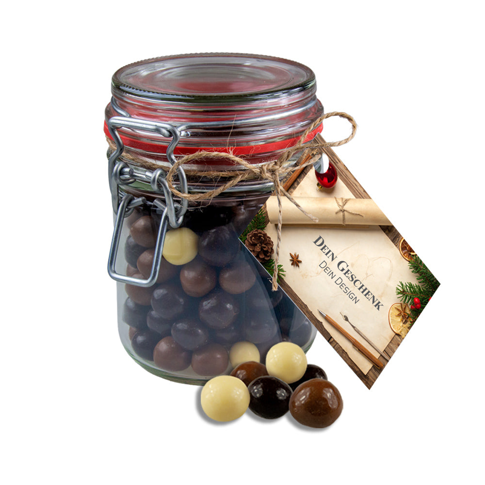 Weihnachtsglas mit Werbekarte und Mandeln – Knusperkugeln Mix, ca. 140 g