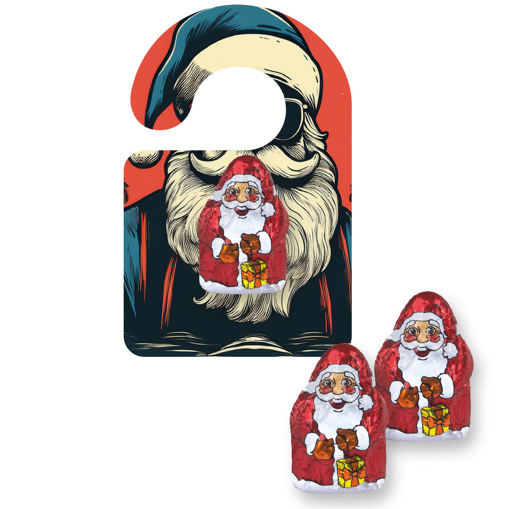 Weihnachtsschokolade auf dem Flyer zum Aufhängen – Mini Schoko Weihnachtsmänner, ca. 7 g