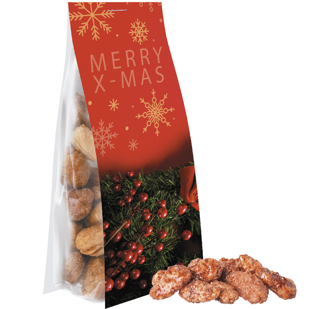 Weihnachtsschokolade im Standbeutel mit Werbereiter – Feuergebrannte Mandeln, ca. 40 g
