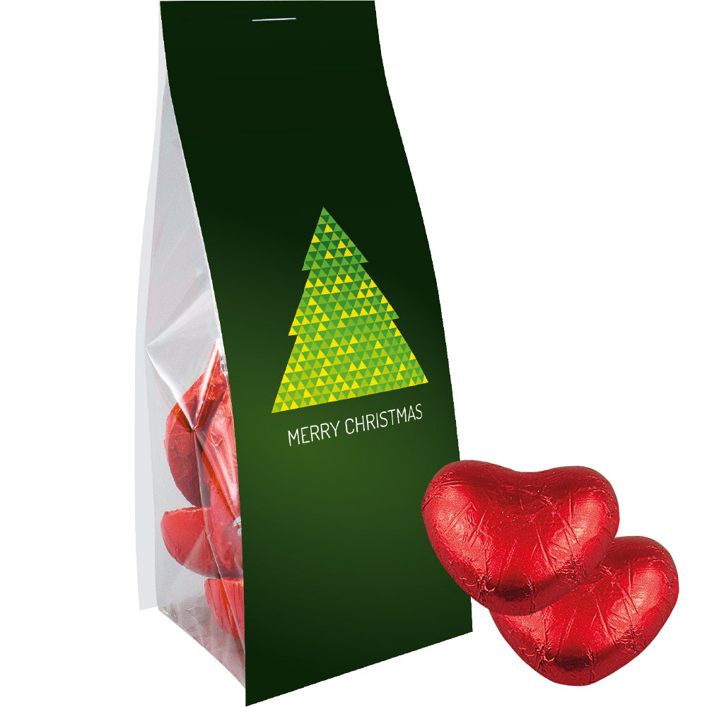 Weihnachtsschokolade im Standbeutel mit Werbereiter – Schoko Herzen, ca. 36 g