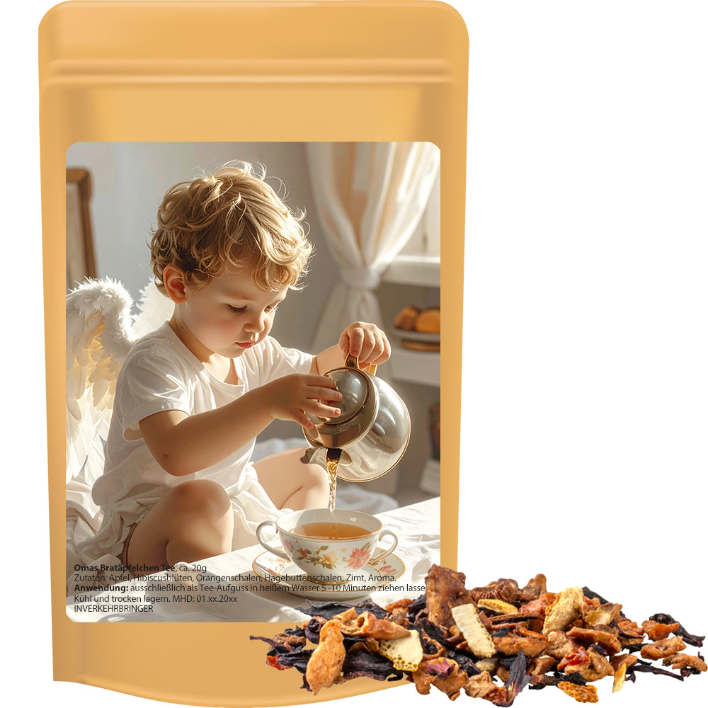 Weihnachtstee im Standbeutel Mini aus Kraftpapier – Omas Bratäpfelchen Tee, ca. 20 g