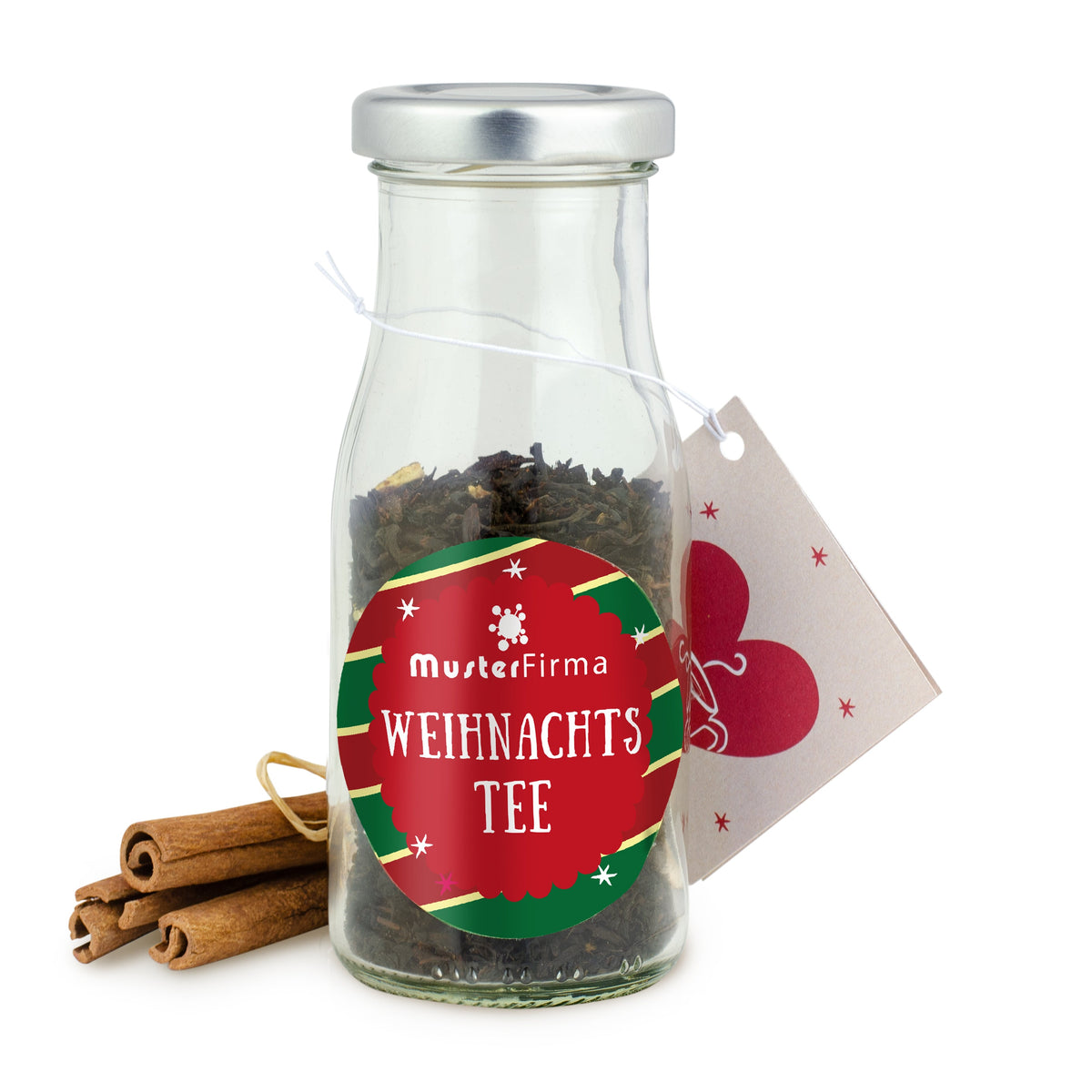 Weihnachtstee in der Glasflasche 24 g mit Logo – Beispielmotiv