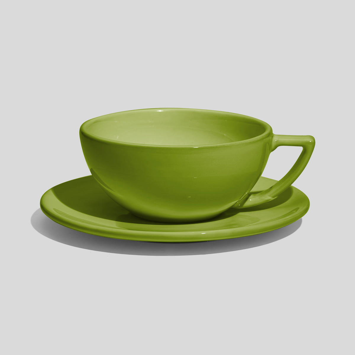 Weite Schalentasse mit Dreiecksgriff und Untertasse 280 ml – Olivgrün
