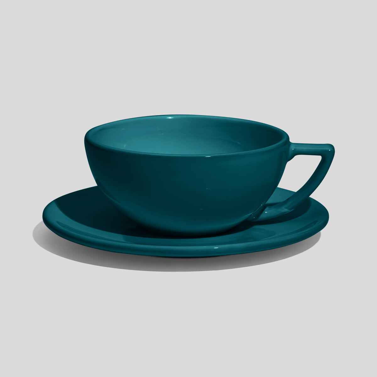Weite Schalentasse mit Dreiecksgriff und Untertasse 280 ml – Petrol