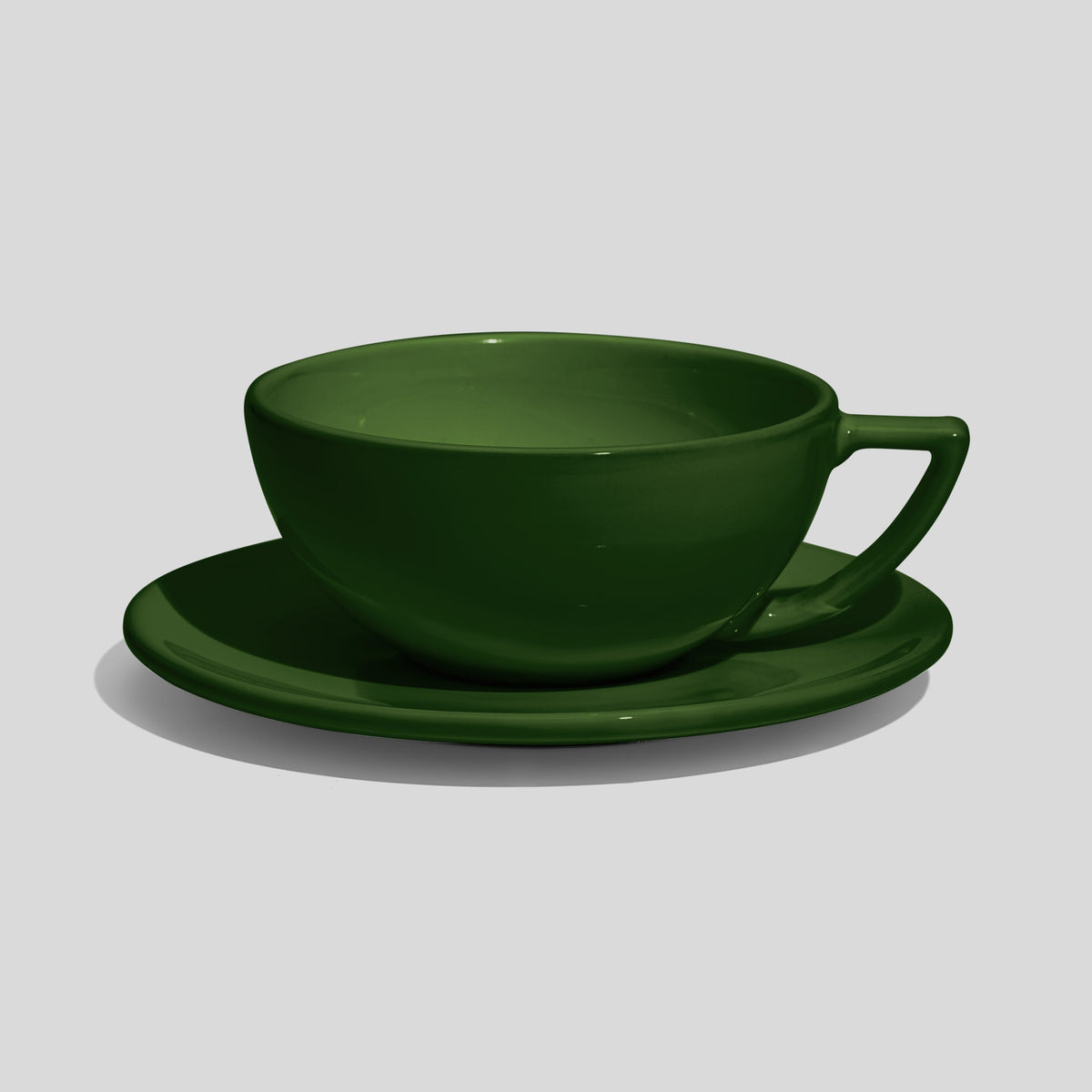 Weite Schalentasse mit Dreiecksgriff und Untertasse 280 ml – Tannengrün