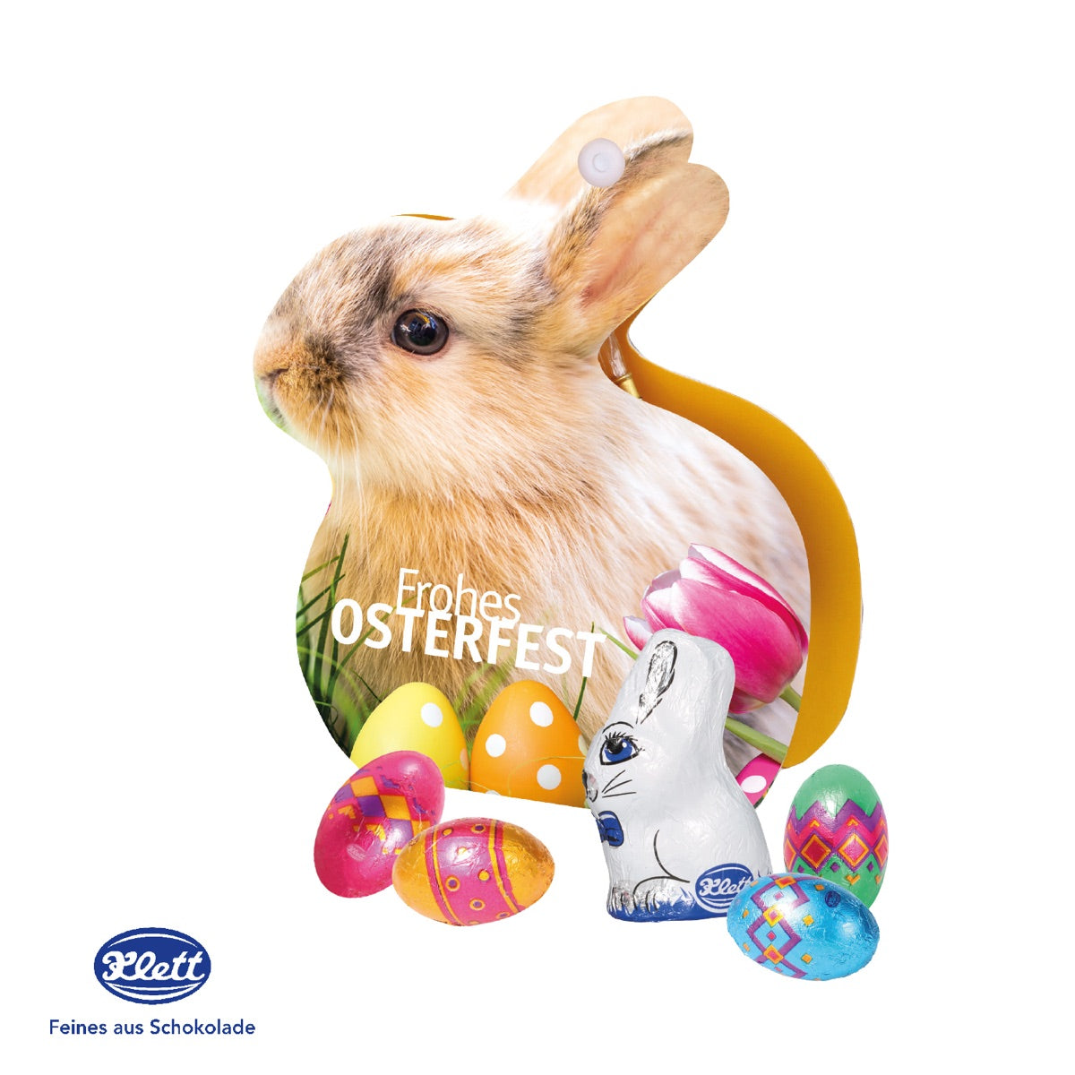 Osterhase aus Karton als Tischaufsteller mit bedruckter Werbefläche