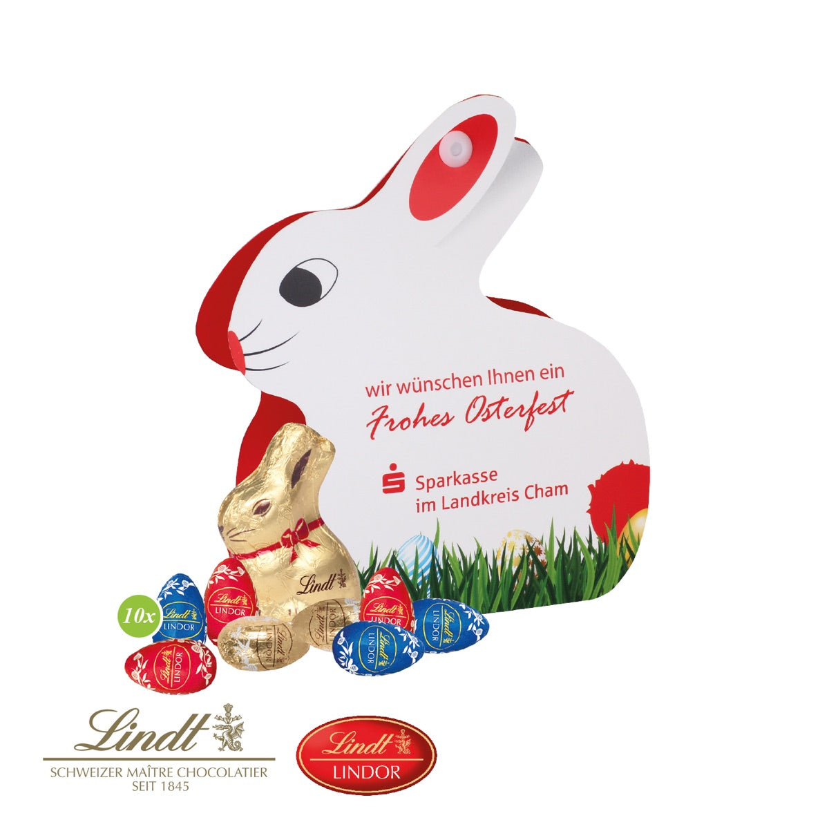 Aufstellbarer Osterhase aus bedrucktem Karton mit großer Werbefläche