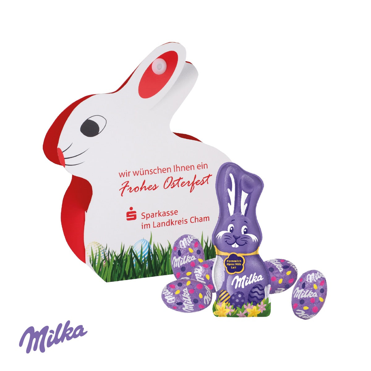Werbe Hase aus Karton mit vollflächig bedruckter Schauseite für dein Logo