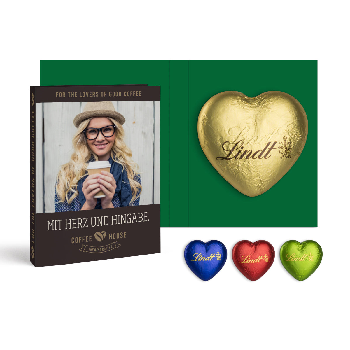 Aufgeklappte Werbekarte mit Lindt Schokoladenherz 20 g