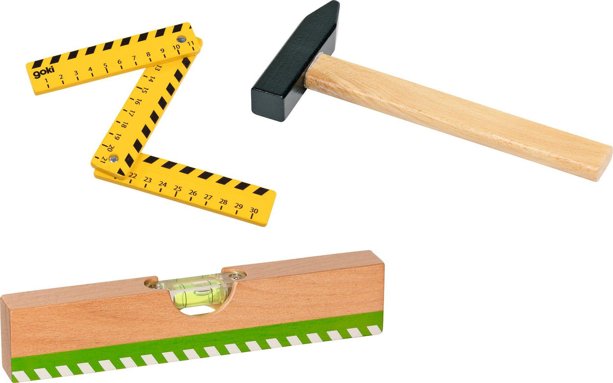 Werkzeugset aus Holz mit Hammer, Wasserwaage und Zollstock – Ansicht