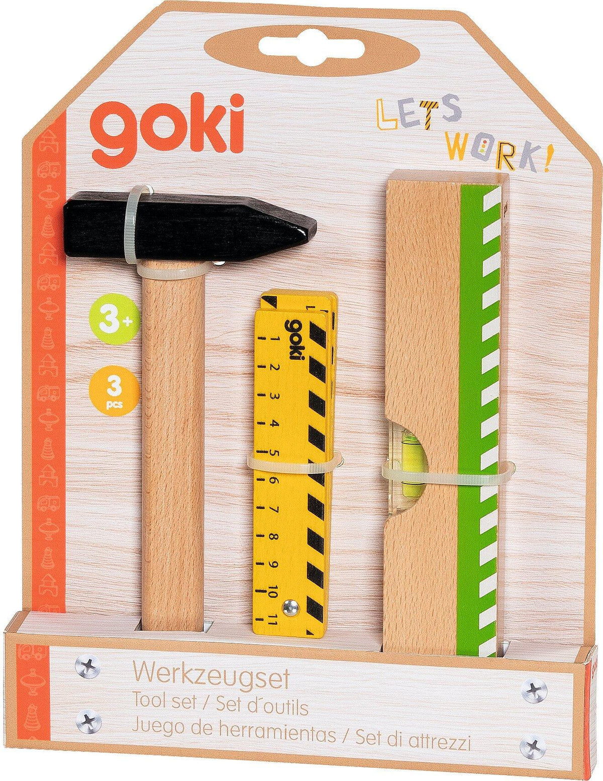 Werkzeugset aus Holz mit Hammer, Wasserwaage und Zollstock – Verpackung