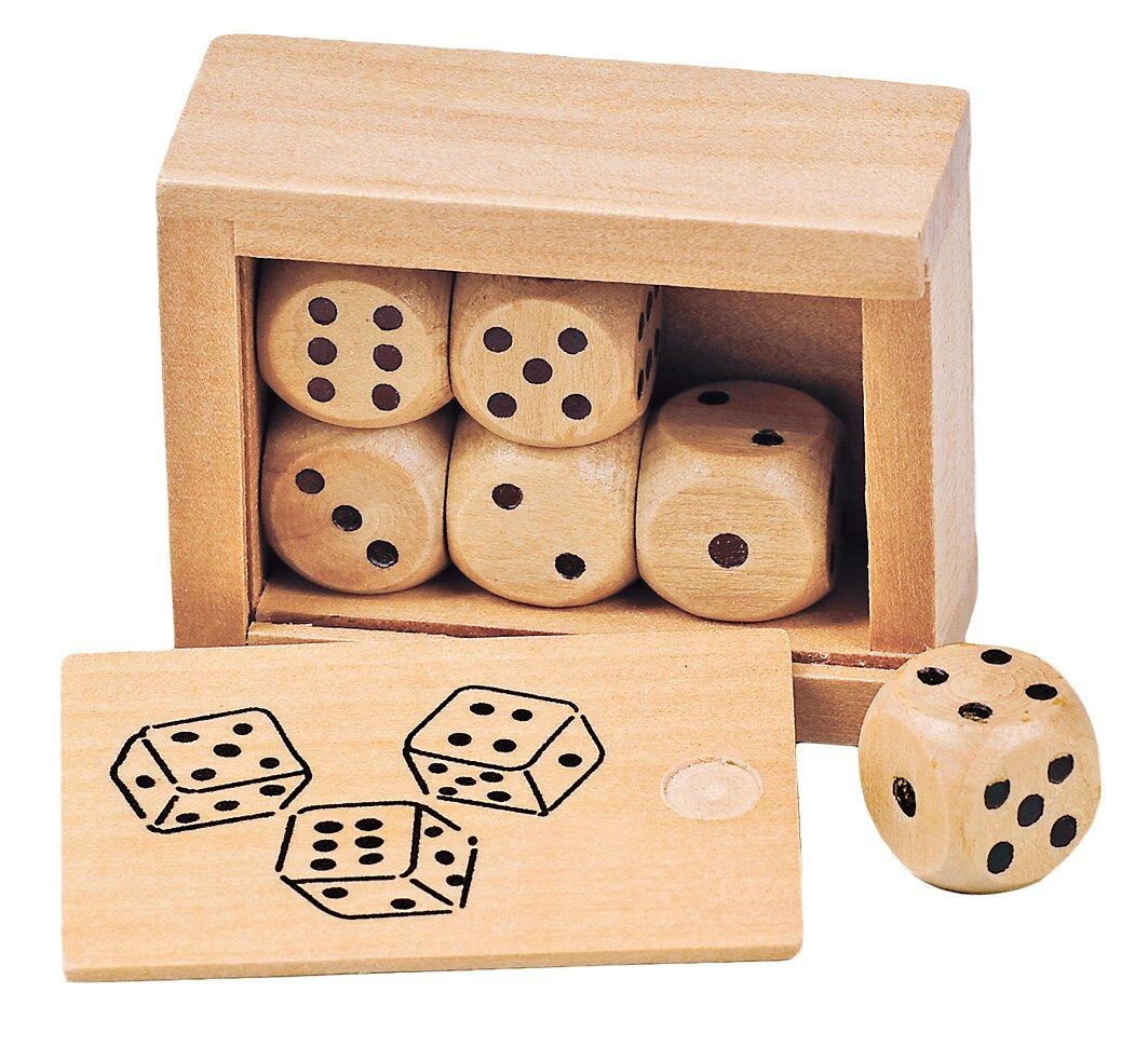 Würfelkasten mit sechs Holzwürfeln und Deckel – Ansicht