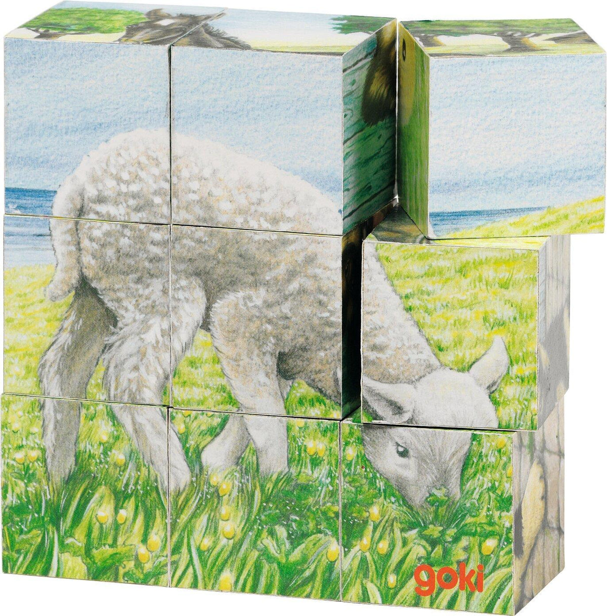 Würfelpuzzle Bauernhoftiere mit Lamm aus Holz von goki