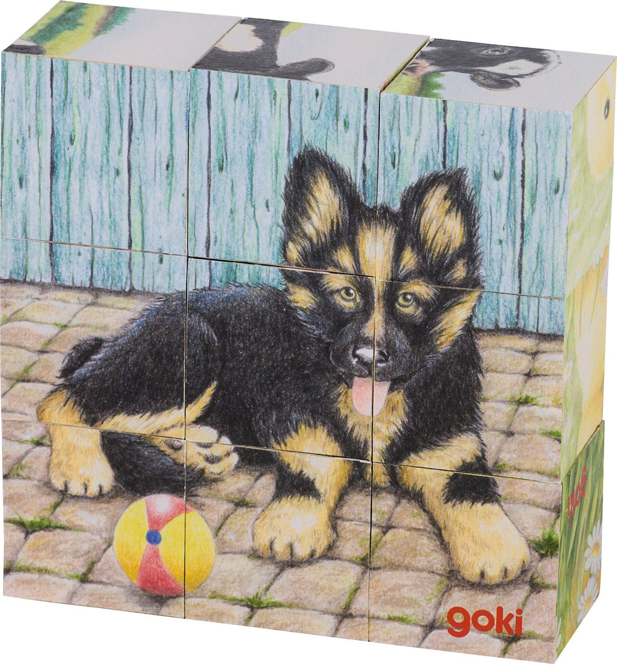 Würfelpuzzle Bauernhoftiere mit Lamm aus Holz von goki – weitere Ansicht