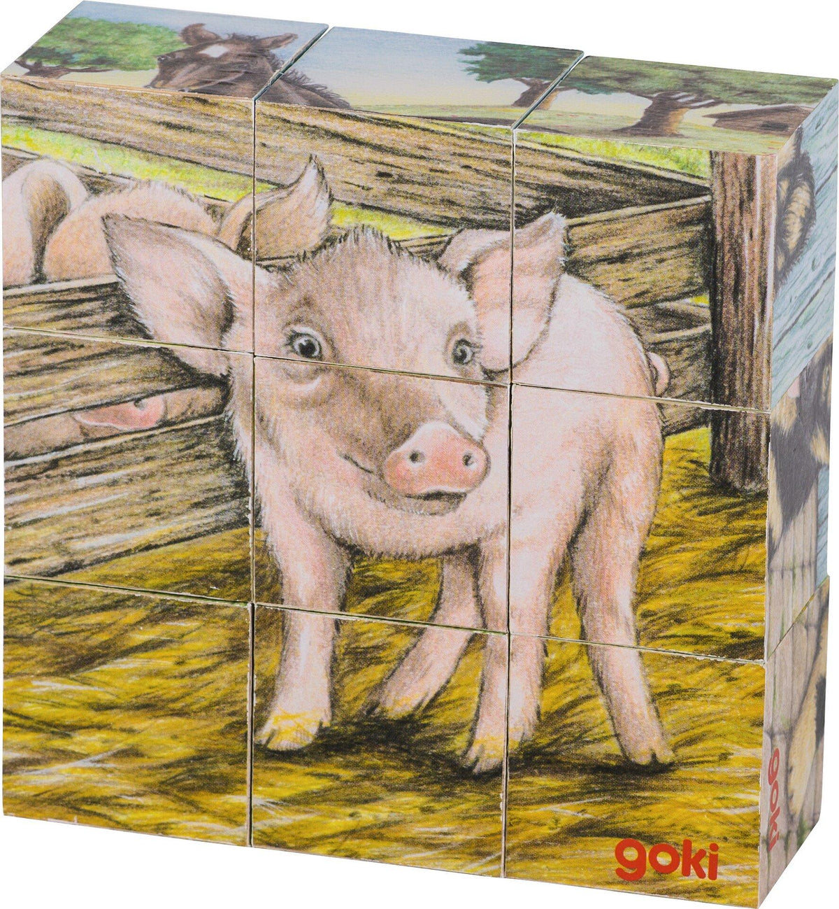 Würfelpuzzle Bauernhoftiere mit Lamm aus Holz von goki – Seitenansicht