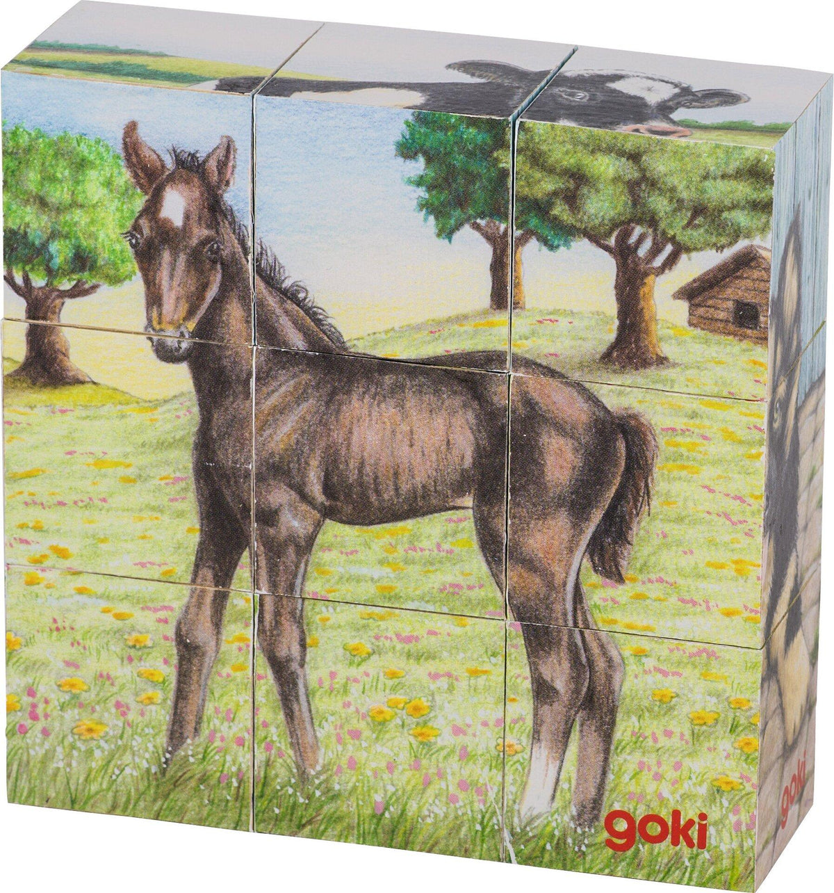 Würfelpuzzle Bauernhoftiere mit Lamm aus Holz von goki – Gesamtansicht