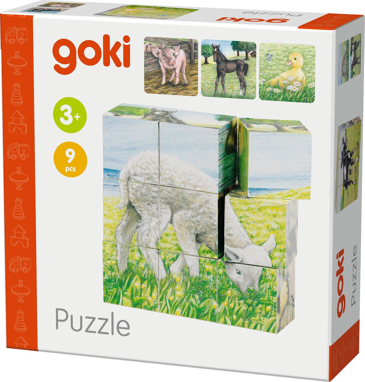 Würfelpuzzle Bauernhoftiere mit Lamm aus Holz von goki – Rückansicht
