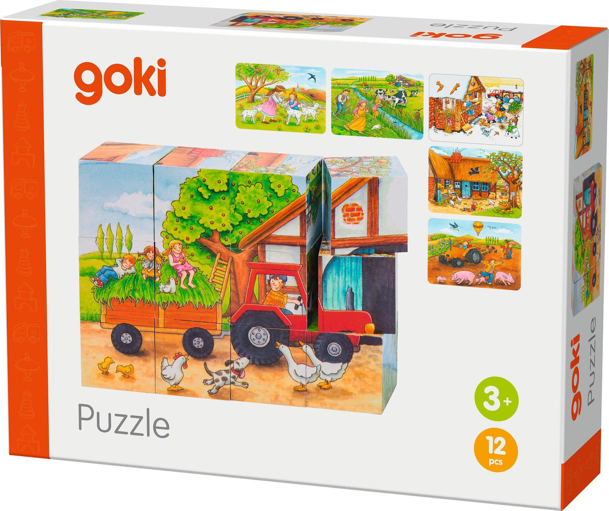 Würfelpuzzle Jahreszeiten auf dem Bauernhof aus Holz – Motivansicht