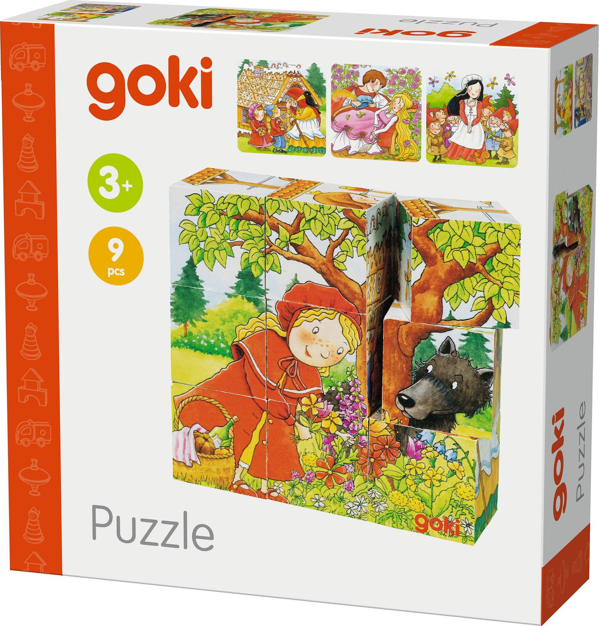Würfelpuzzle Märchen mit neun Würfeln aus Holz von goki – Rückansicht